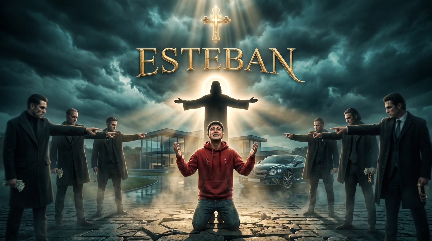 Esteban cover art — a modern Stephen kneeling in prayer, surrounded by figures pointing accusingly, with Christ's silhouette in the sky above