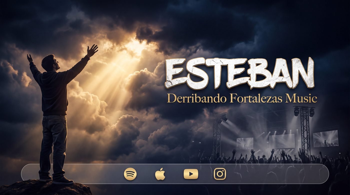 Esteban cover art — a figure with arms raised toward the light, Derribando Fortalezas Music branding, concert crowd in the distance