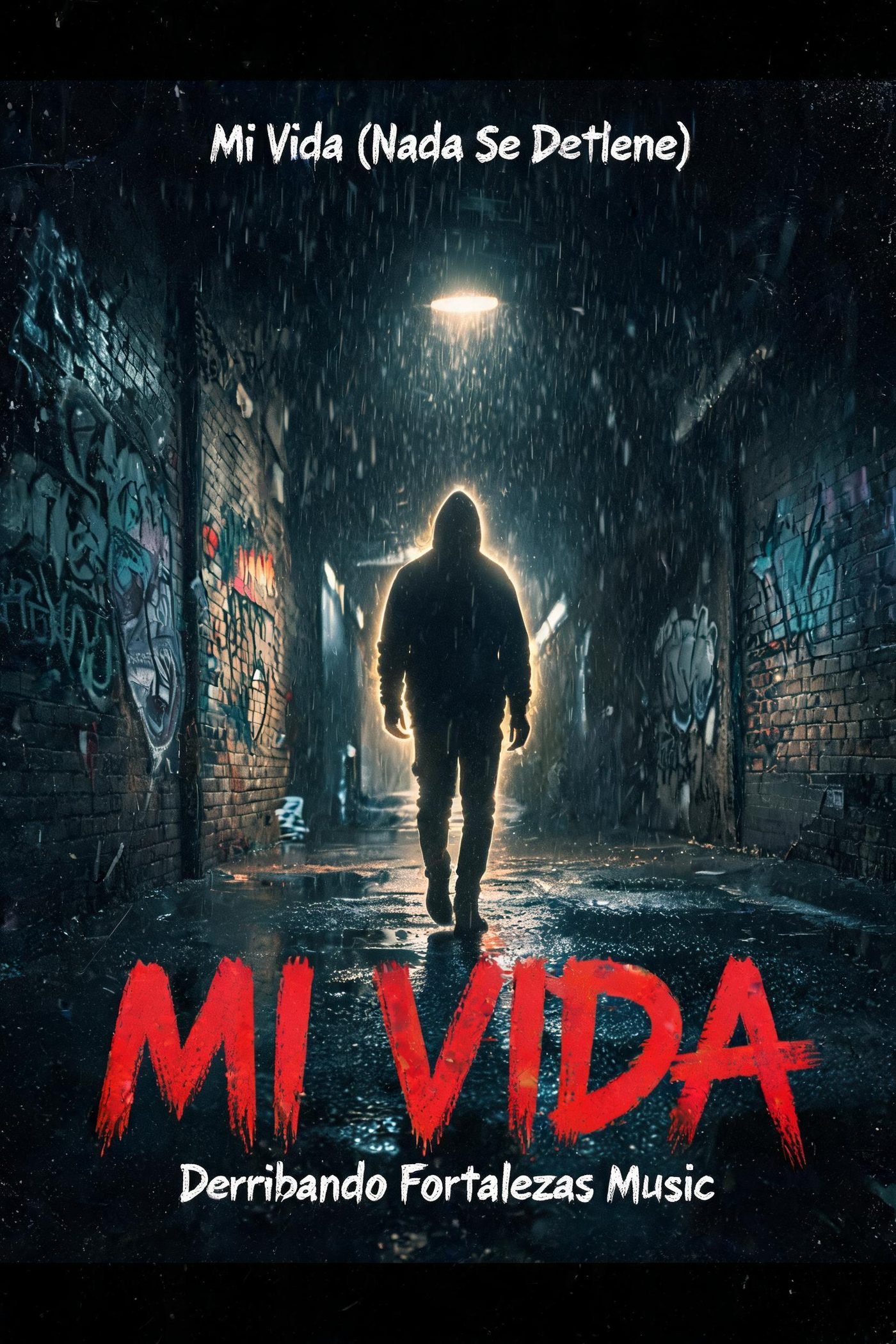 Mi Vida cover art — a lone figure walking through a rain-soaked, graffiti-covered alley toward a streetlight